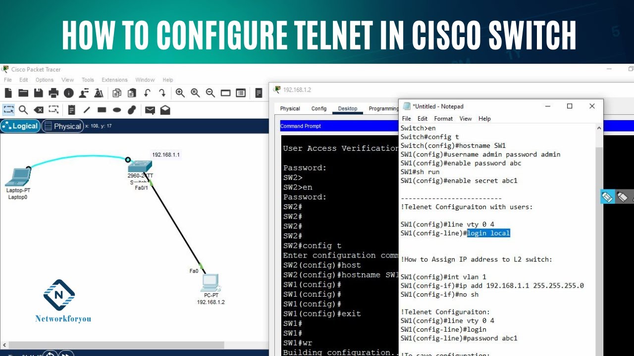 Как настроить Telnet на коммутаторе Cisco | Включение Telnet на коммутаторе Cisco | CCNA | Networ...