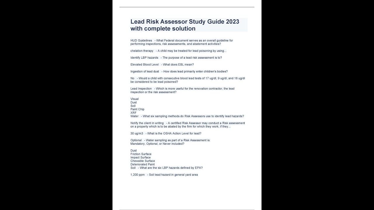 Lead Risk Assessor Study Guide 2023 with complete solution