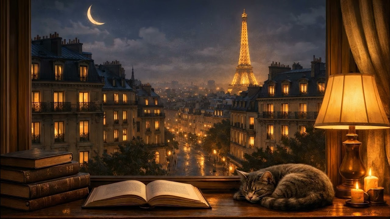 Cozy Paris Night Window ✨ Eiffel Tower View | Soft Vintage Jazz for Reading & Focus