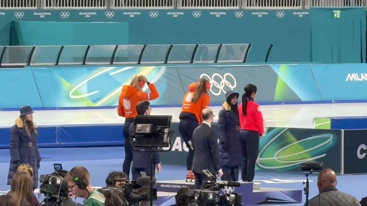 500m medal ceremony for Femke Kok, Jutta Leerdam, and Miho Takagi. Milano Cortina 2026