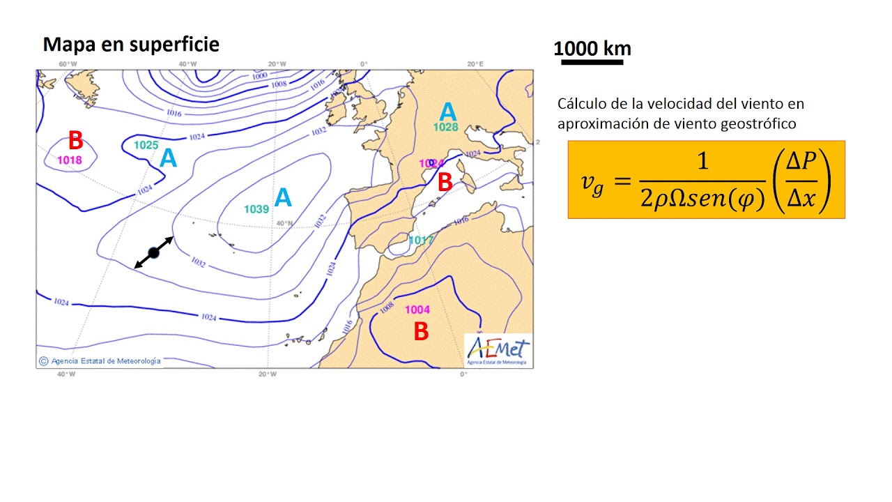 Mapa en superficie - cálculo de la velocidad del viento geostrófico