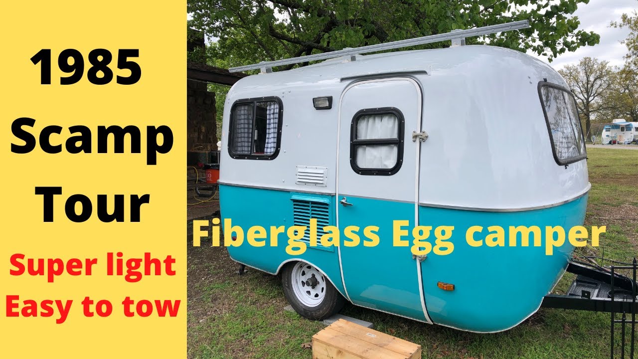 Ep. 38  1985 Scamp fiberglass rv vintage camper. Super light, easy to tow, travel trailer tour walk