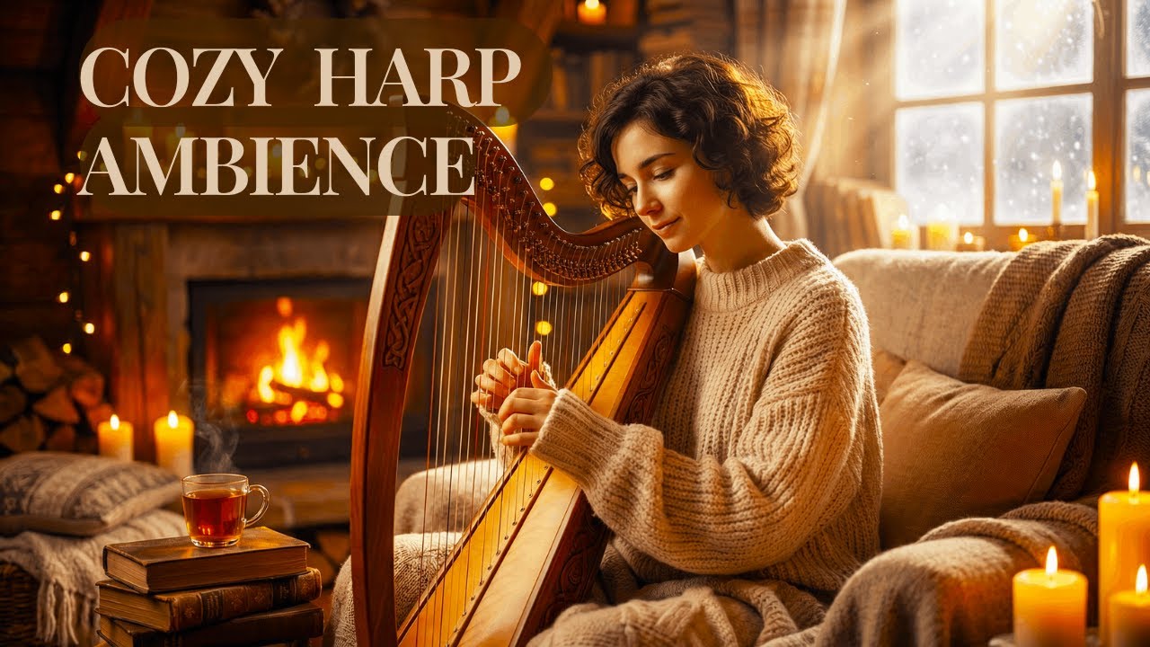 Winter Harp Ambience ❄️ Cozy Cabin Fireplace & Soft Relaxing Harp Music