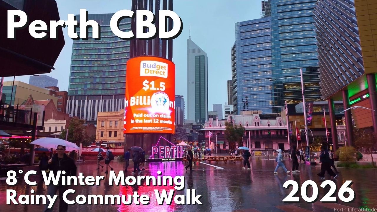 Perth CBD Morning Commute Walk 2026 &mdash; Rainy Winter Morning at 8&deg;C (4K)