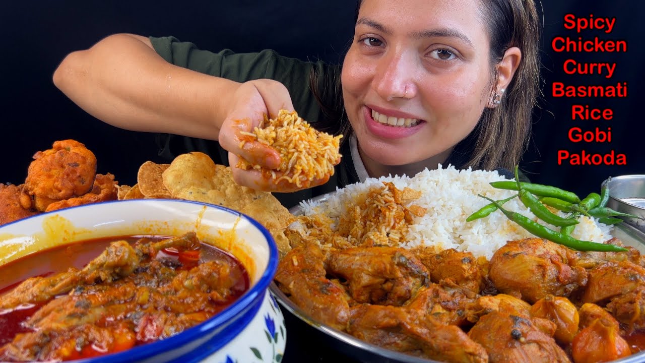 Eating Spicy🔥 Chicken Curry, Basmati Rice, Gobi Pakoda, Chilli | Chicken Curry Recipe| Asmr Mukbang