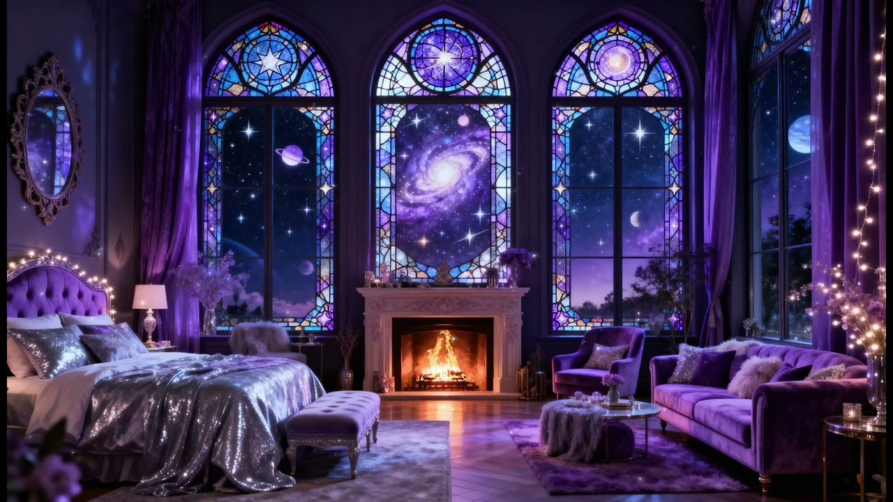 Dreamy purple fantasy bedroom✨ethereal galaxy room ambience & relaxing fireplace sounds for sleep