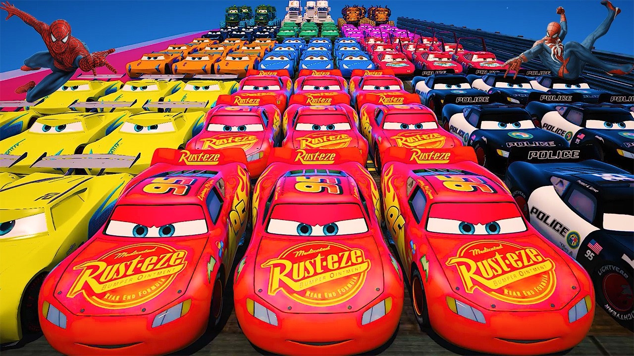 GTA 5 SPIDERMAN Cars Challenge Lightning & Monster McQueen Jackson Storm Miss Fritter & Friends Cars