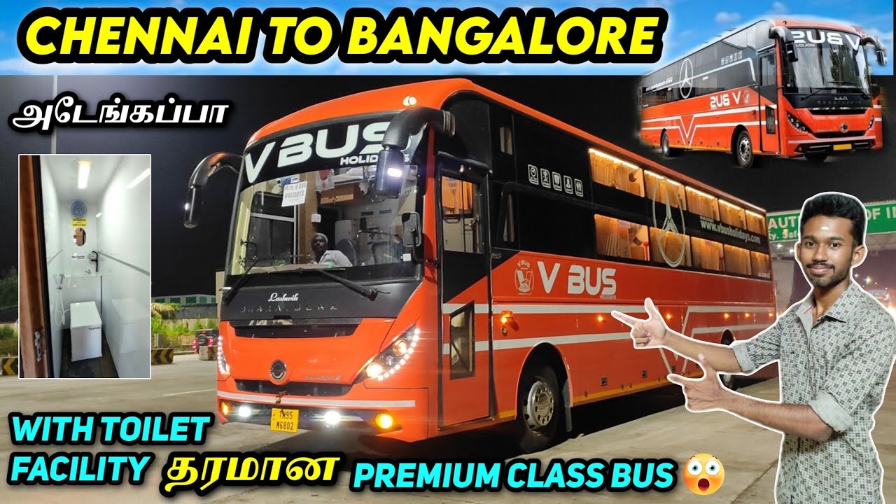 🤩BUS உள்ள RESTROOM!! Chennai to Bangalore Bus Travel Vlog!! V Bus Holidays Bharat Benz Bs6!!