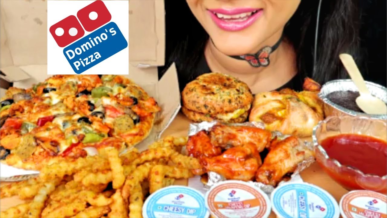 ASMR:DOMINOS PIZZA,CHICKEN WINGS (EATING SHOW) CHEESY PIZZA