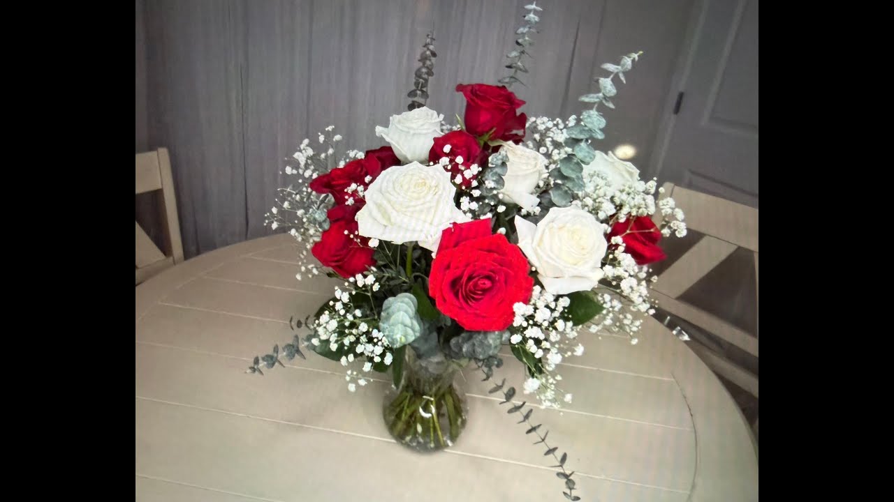 Stunning Red & White Roses +Eucalyptus Arrangement! (Perfect for Valentines Day!)