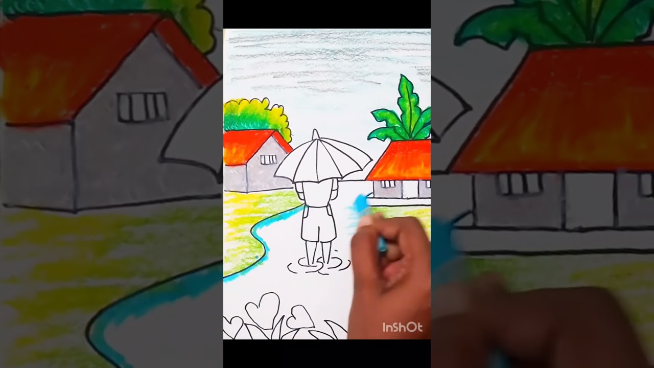 How to draw a Rainy Season Scenery || বর্ষাকালের দৃশ্য  #drawing #art #painting #howtodraw 