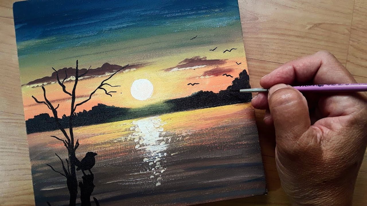Como pintar pôr do sol/ Pintura acrílica passo a passo