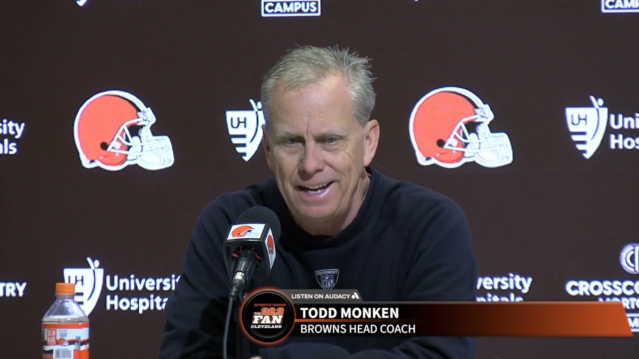 Todd Monken discusses Myles Garrett's offseason program absence and the quarterback competition