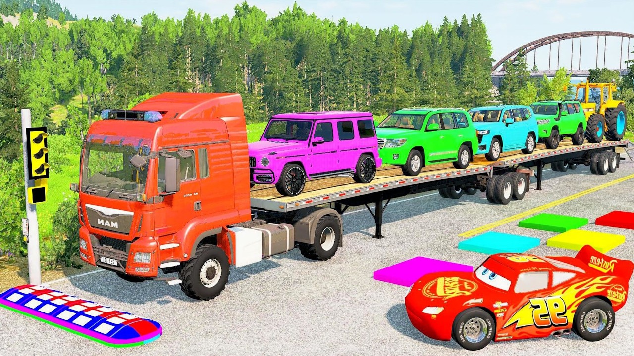 Triple Flatbed Trailer McQueen Transportation with Truck - Speedbumps vs Cars vs Train - BeamNG #236