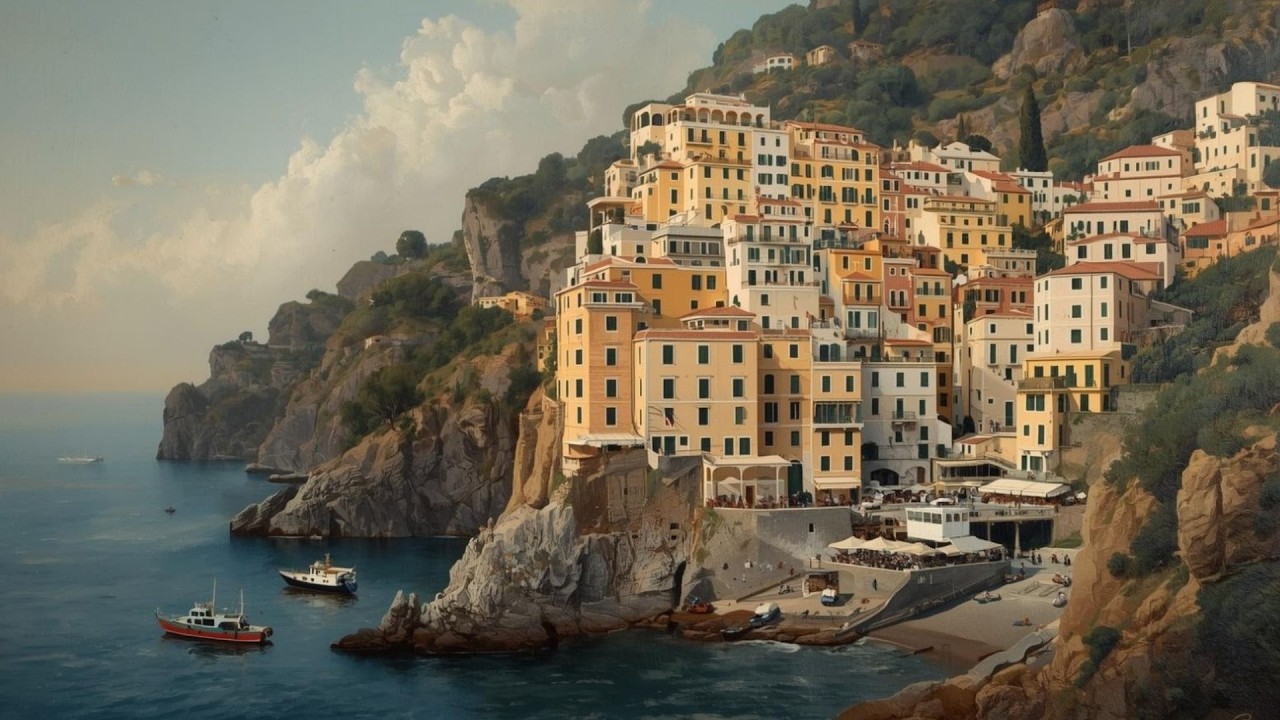 Italian Cliffside Seaside Town Vintage Painting | Frame TV Art Display | 2-Hour Screensaver