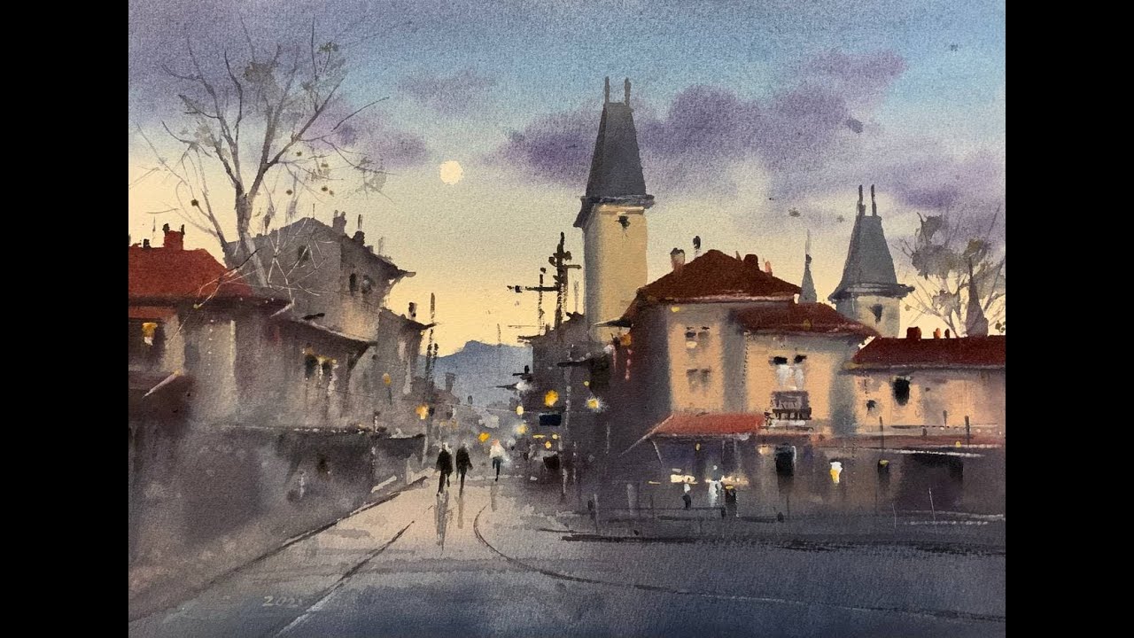 How to paint cityscape in watercolor painting demo by javid tabatabaei