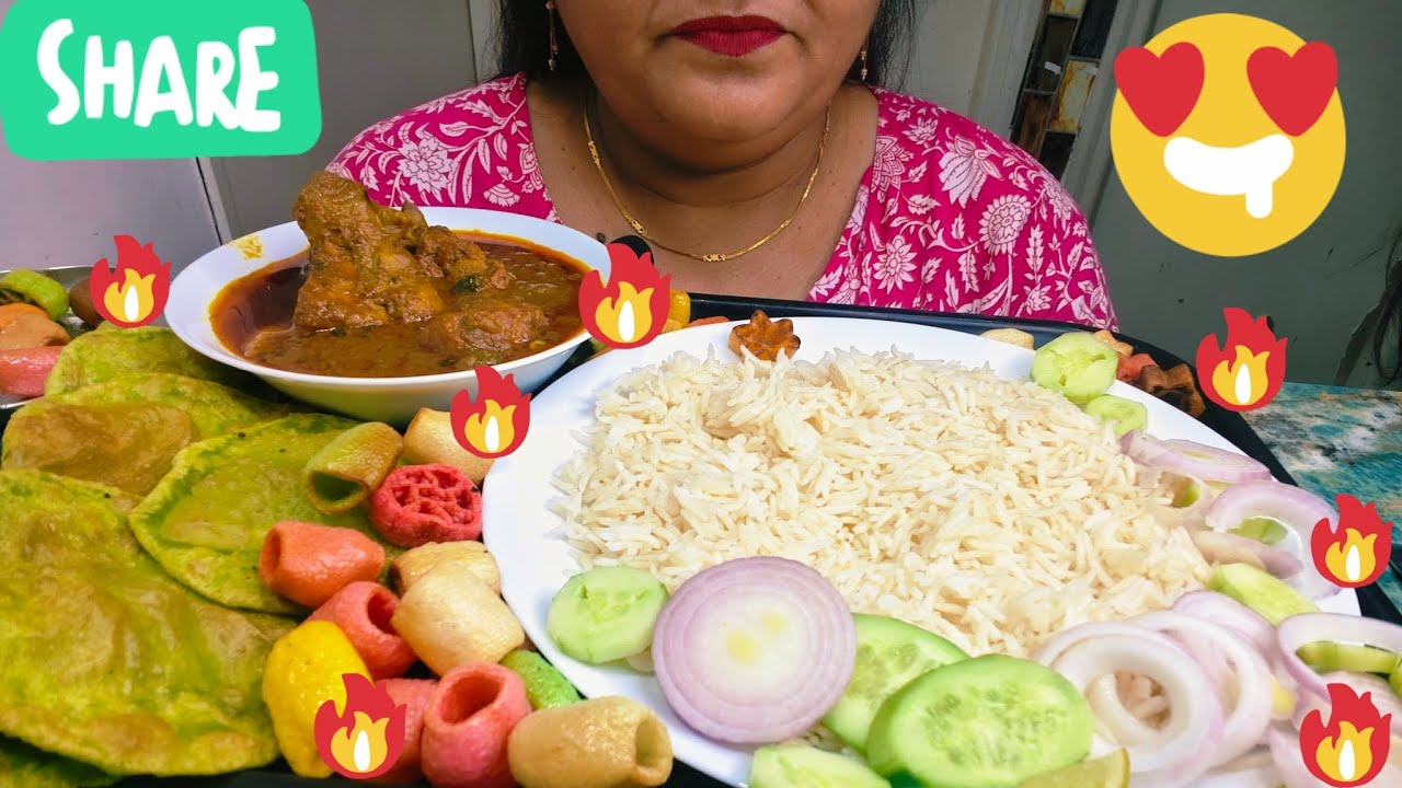 ASMR:EATING CHIKAN CURRY WITH RICE& PALAK PURI,SALAD,PAPAD🔥#asmr#mukbang#viralfood#viral#food#eating