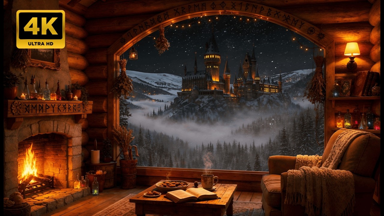 Cozy Winter Night near Hogwarts | Fireplace & Snow Ambience | 3 Hours