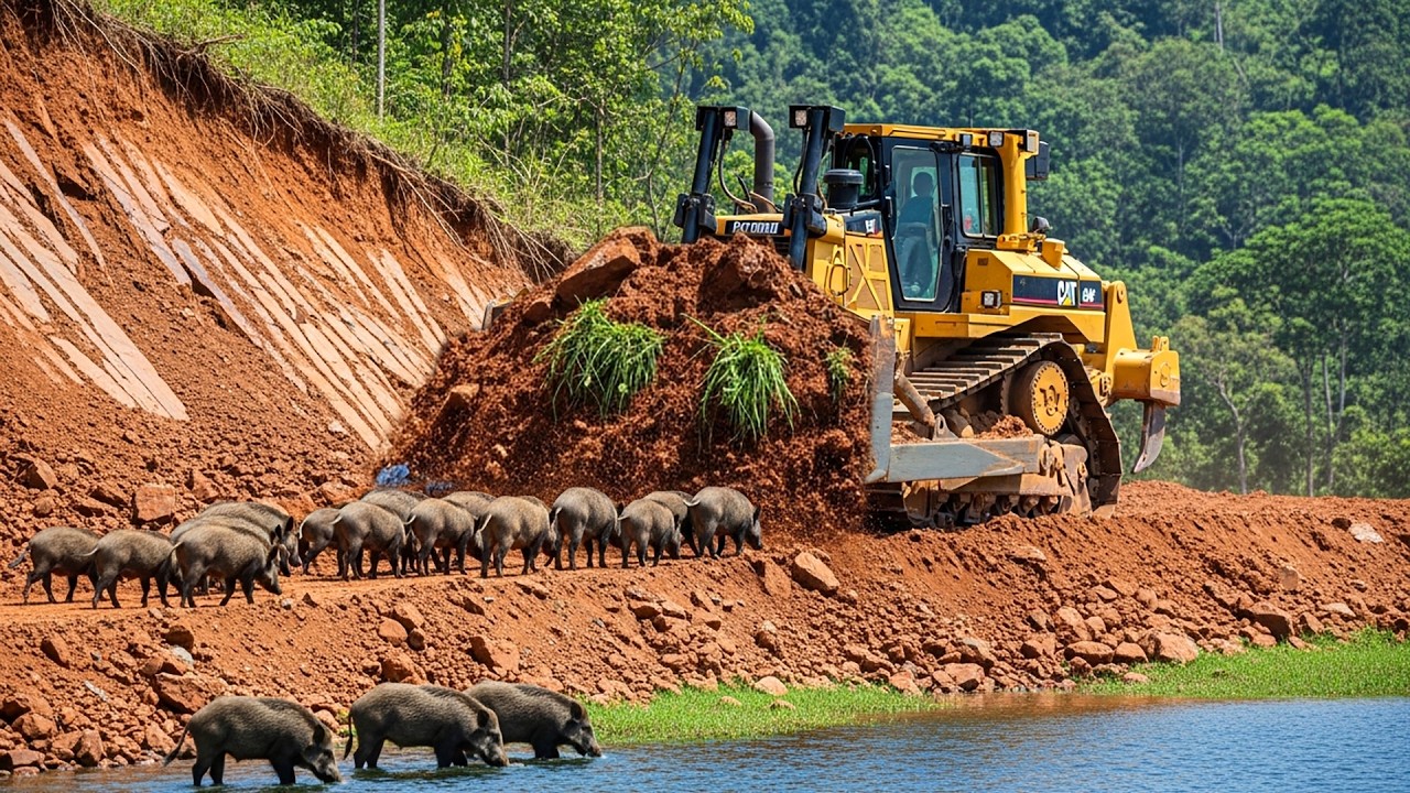 Extreme Terrain Resize! A Massive Bulldozer Spreading Huge Mound On Steep Mountain Road Cliff Edge