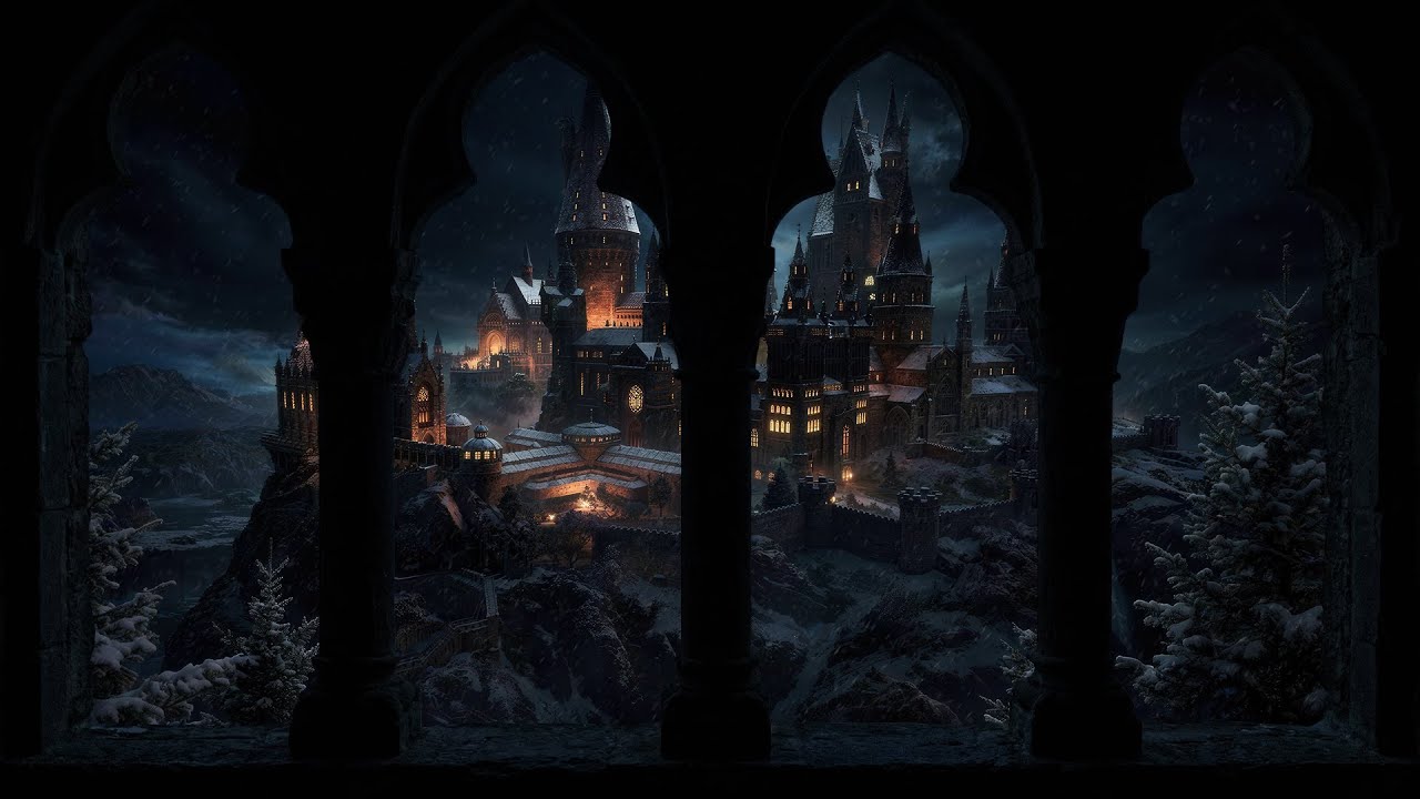 4K Harry Potter Snow Night – Hogwarts Window, Wind & Fireplace Sound for Reading and Deep Sleep