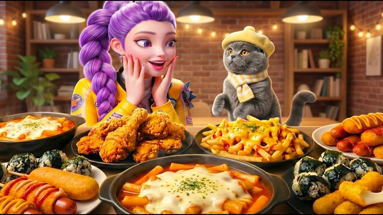 ASMR MUKBANG | Rumi & Chef Meow Cooking Korean Street Food | Fried Chicken, Tteobokki , Cheese Stick