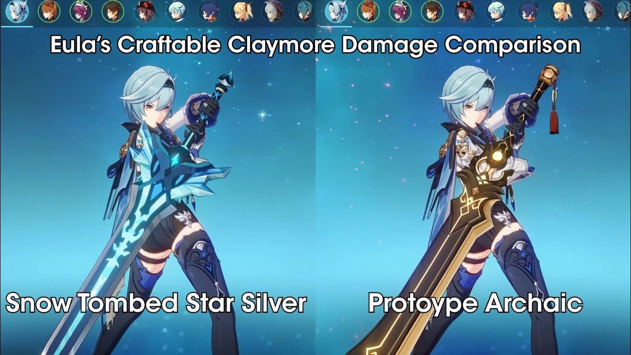 Eula best craftable weapon, Snow Tombed Starsilver vs Prototype Archaic, Damage Comparison