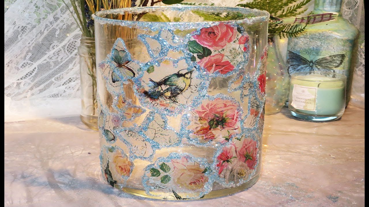 DIY Sheer Napkin Decoupage on Glass with Glitter