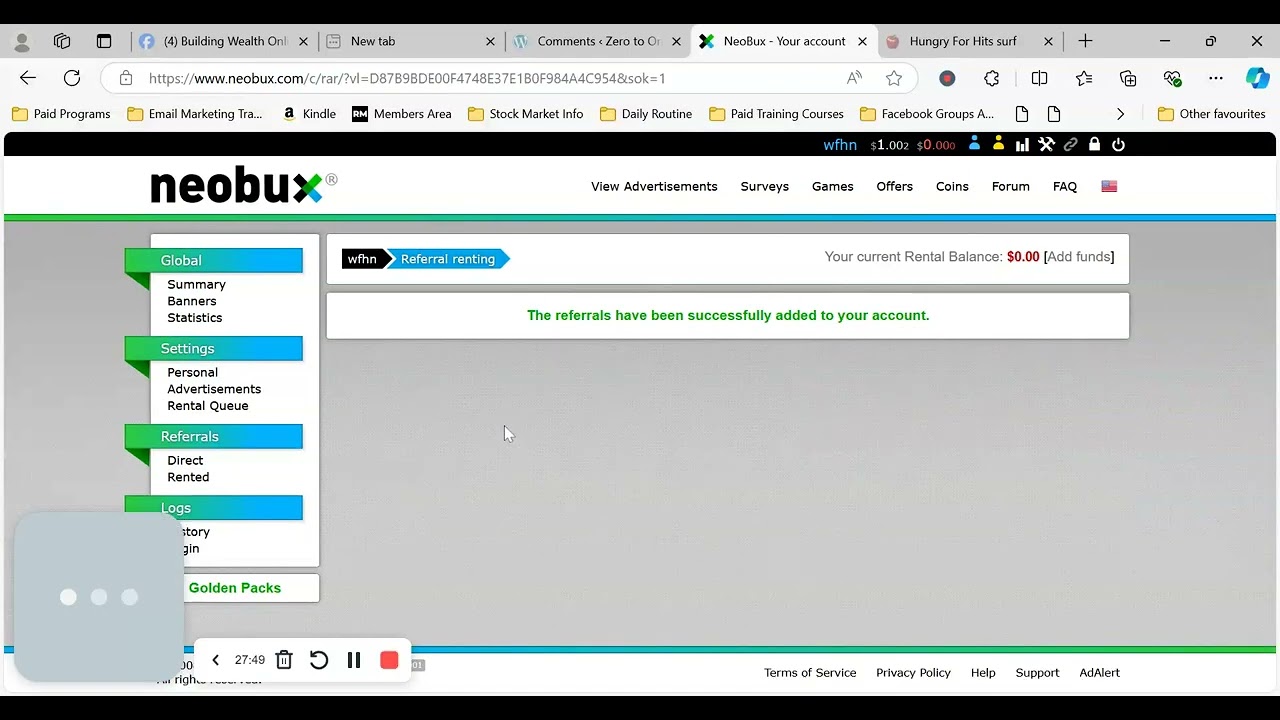 Adding Rented Referrals To Neobux