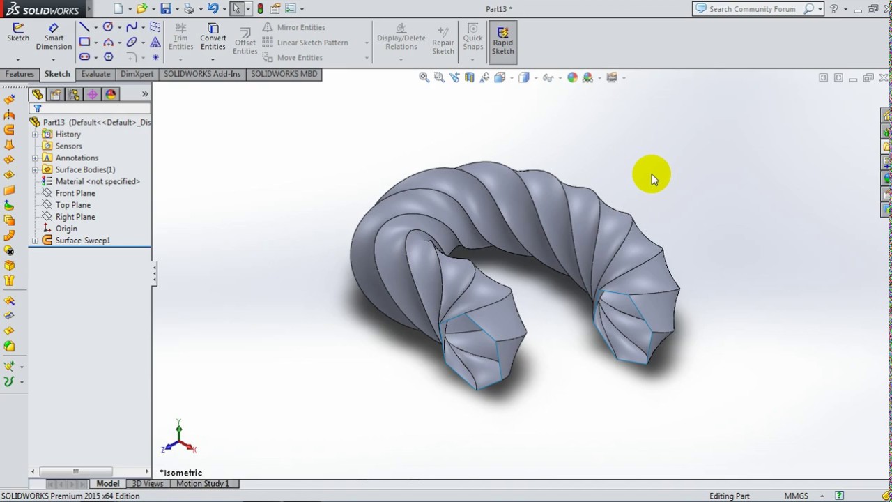 70 SolidWorks 2015 Surface Tutorial 70  Swept and Twist surface