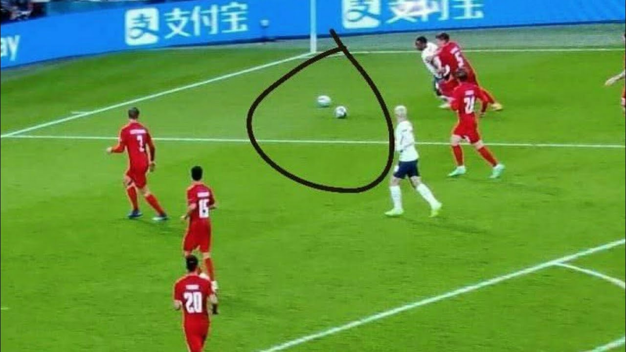 Two balls on the pitch and then Raheem Sterling dives vs Denmark