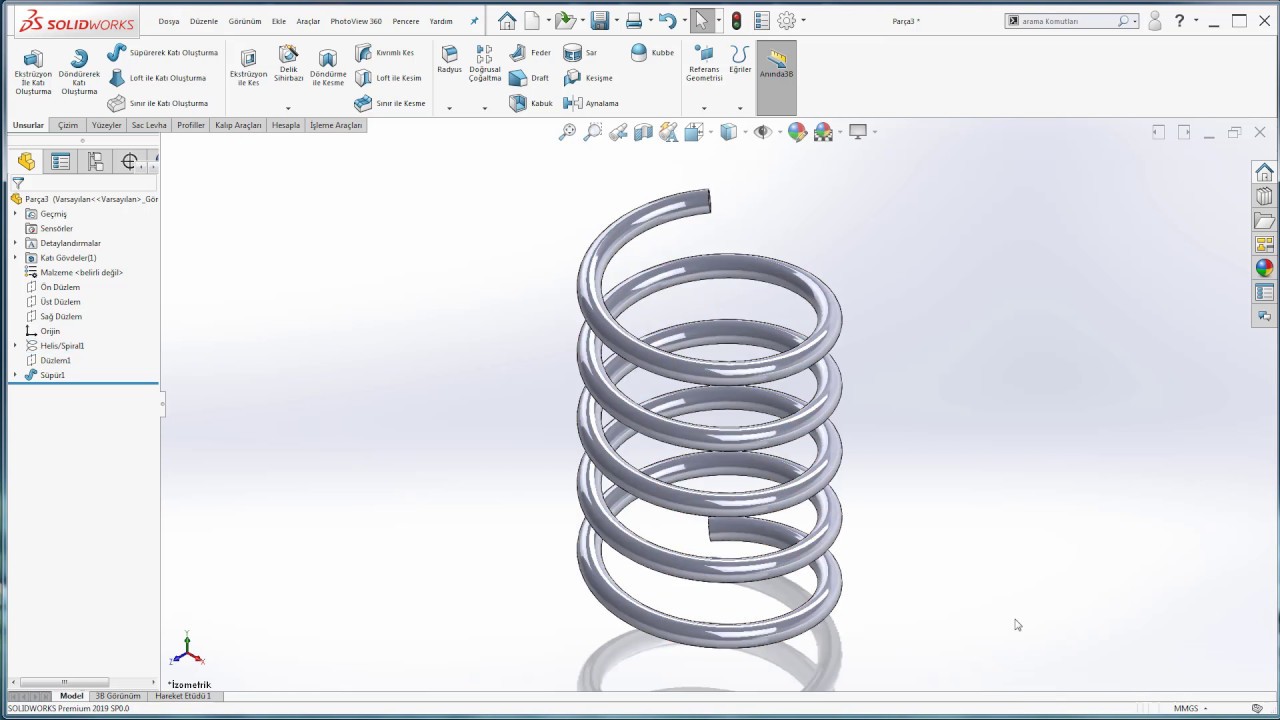 SolidWorks Katı Modelleme &Ouml;rnek 7-S&uuml;p&uuml;rerek Katı Oluşturma-YAY / How to make spring in solidworks?