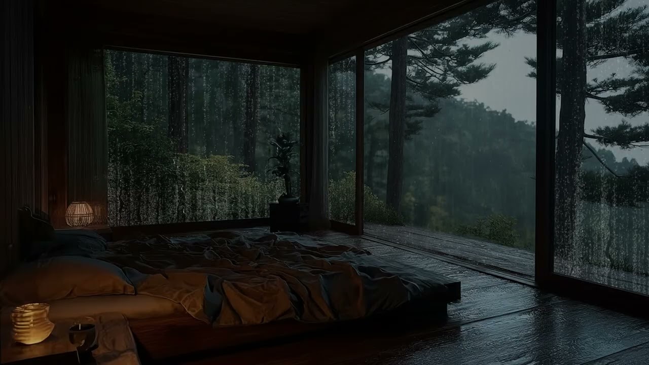 Gentle Rain in a Cozy Pine Forest Cabin 🌧️ Soft Warm Reading Light & Window View for Deep Sleep