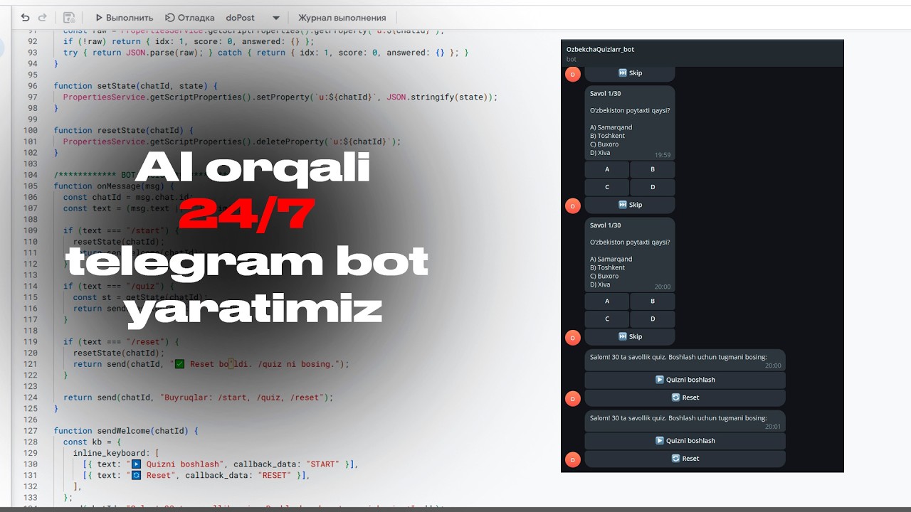 AI orqali 24/7 Telegram Bot yaratish | Google Apps Script + JavaScript (Webhook)