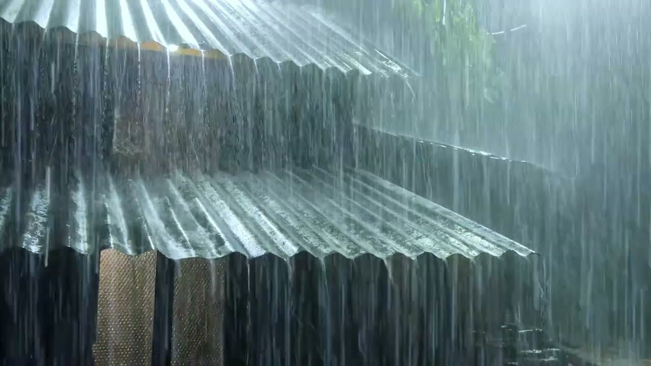 The heavy rain hastily poured down on the roofs of people's houses in the forest at night