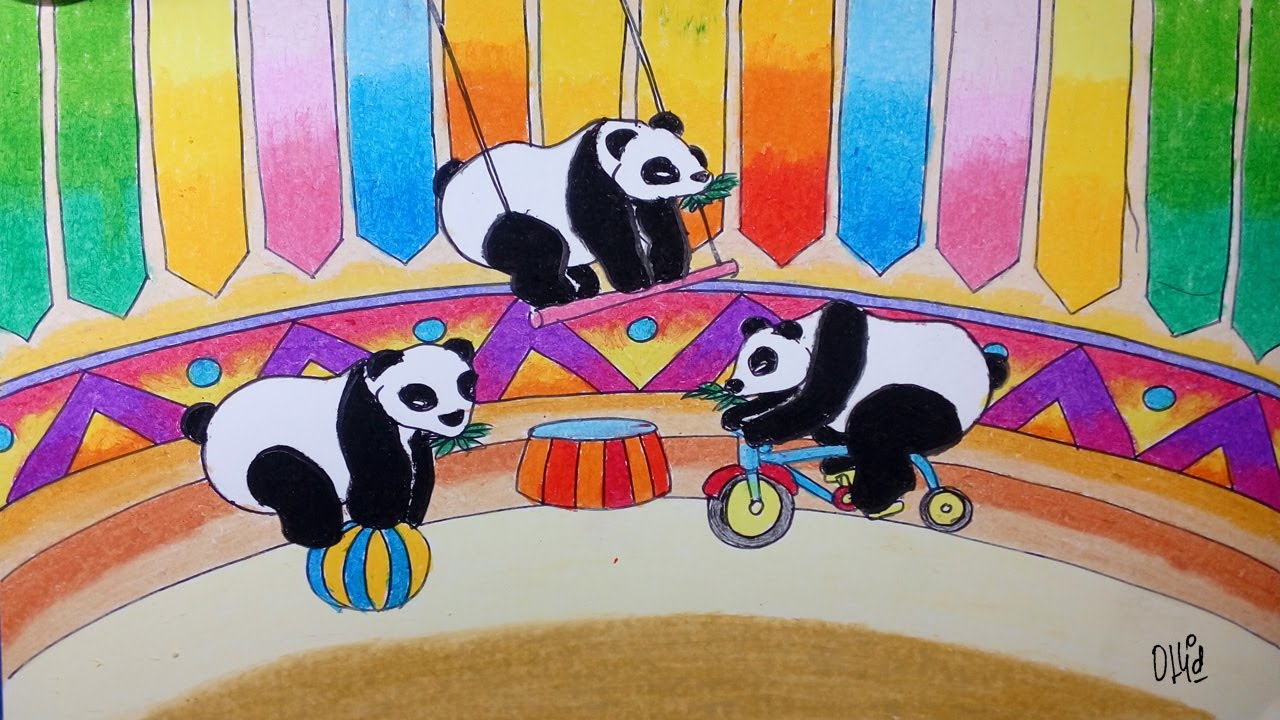 Cara Menggambar Panda Main Sirkus Dengan Crayon/Oil Pastel
