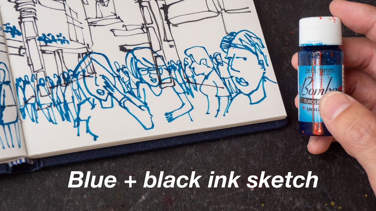 Sketching with black and blue inks