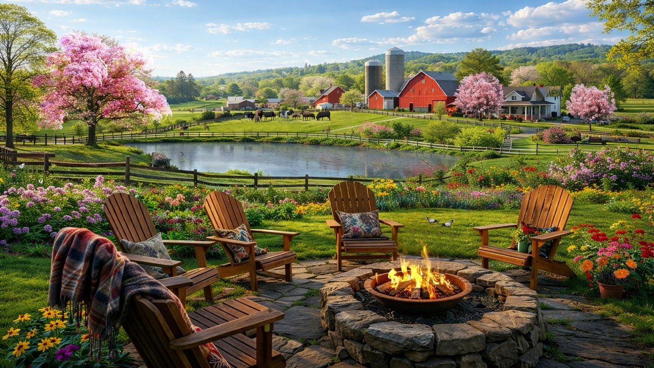 Peaceful Spring Farm Escape 🌿🔥 Warm Fire Pit & Nature Sounds
