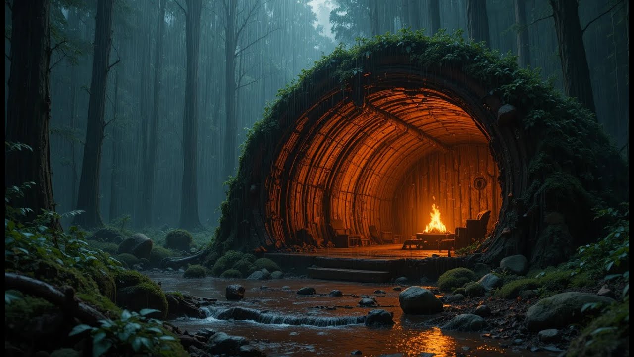 Turning a Hollow Log Into a Rain-Proof Forest Shelter | No Talking ASMR (4K)