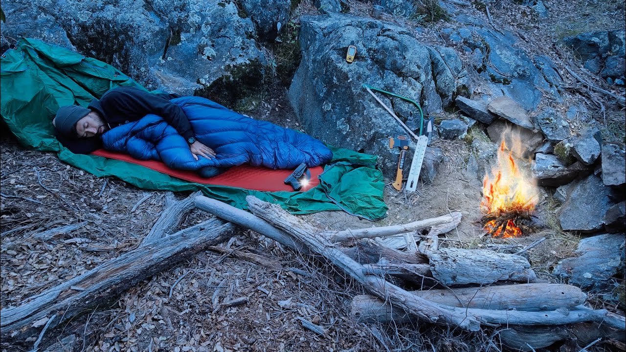 Solo Overnight Winter Camping - No Tent - Eating What I Catch