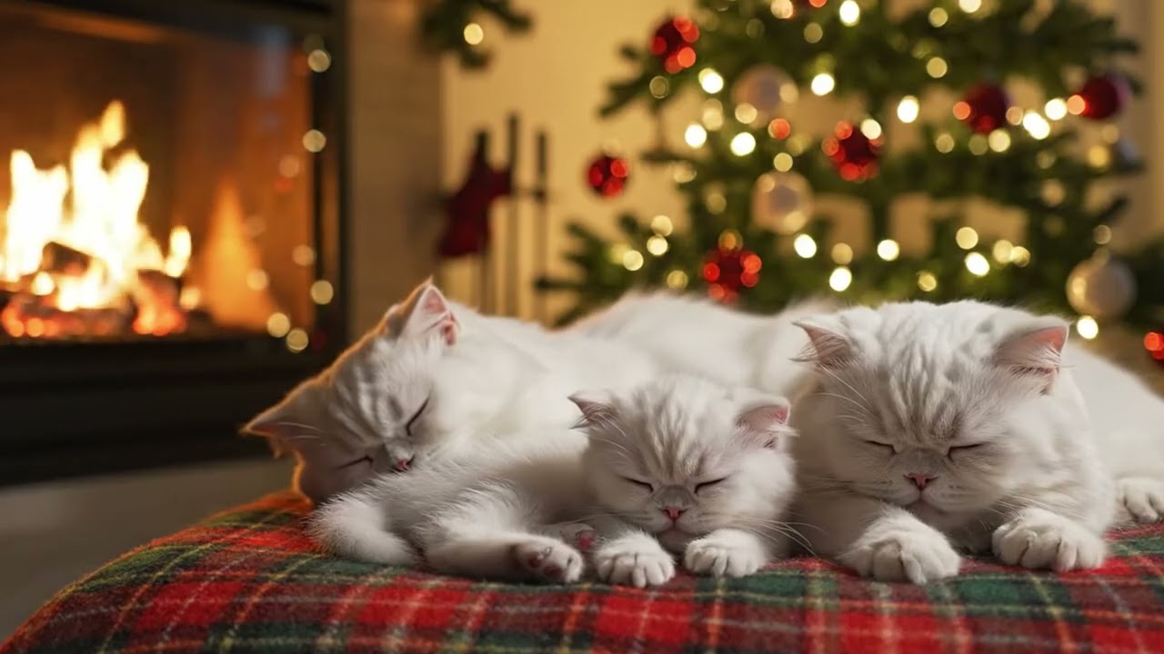 Cozy Christmas Ambience 🎄 Sleeping White Cats & Relaxing Music | 2 Hours Background Video