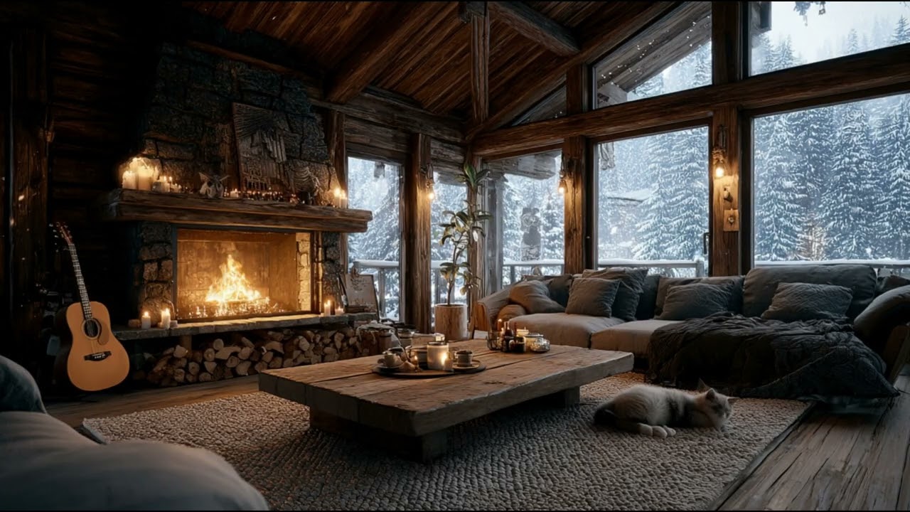Cozy Fireplace Guitar 🎸 Snowy Cabin Relaxing Music for Work & Study with cat