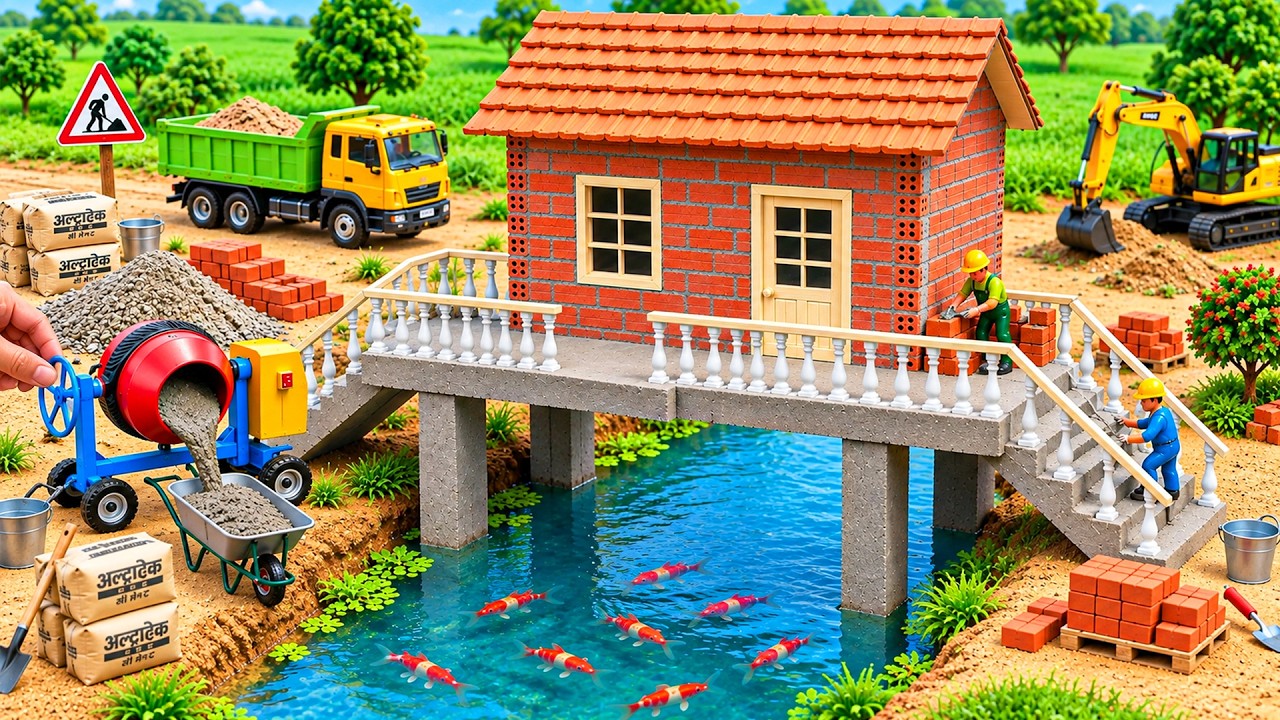 DIY Mini Tractor Builds Strong Brick House Over Ditch | Construction Science Project