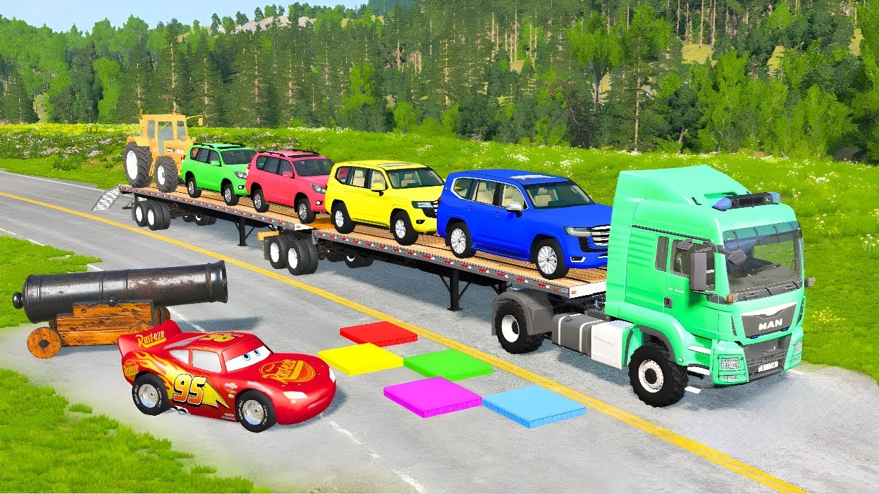 Flatbed Truck Mcqueen | Transportation with Truck - Pothole vs Car #21 - BeamNG.Drive