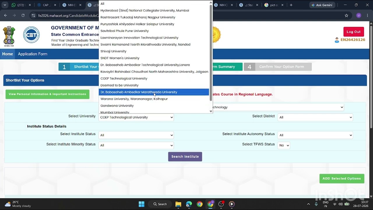 📌Option form filling for CAP round #mhtcet #cap #cet 