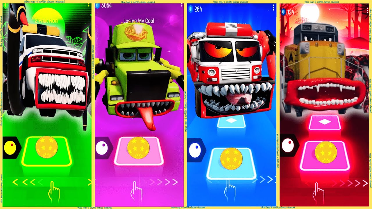 coffin dance - Mack Truck Eater vs Fire Truck Eater vs Pickup Eater vs Train Eater | Tiles HOP🚒🚛🚚🚗