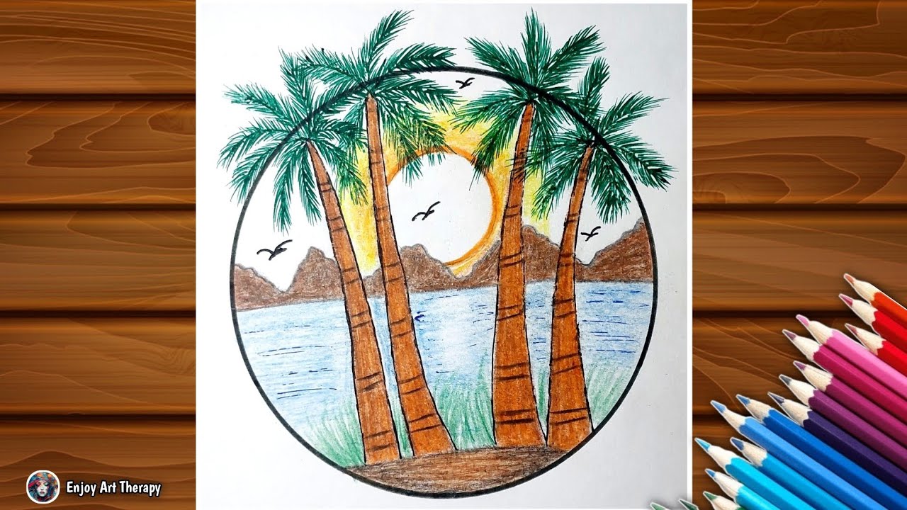 Circle Scenery Drawing With Pencil Colour || Scenery Drawing || Pencil Colour Drawing 