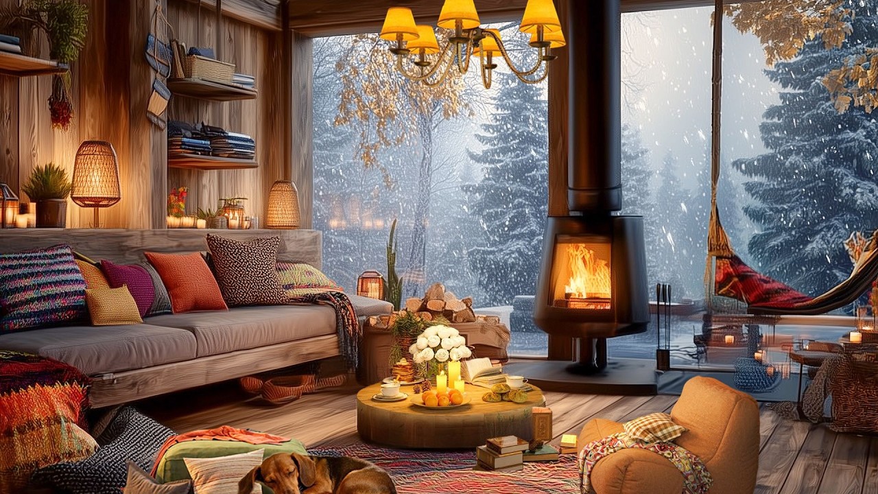 Cozy Room Ambience for Calm & Peace | Soothing Fire Sounds, Relaxing Music & Winter Snow