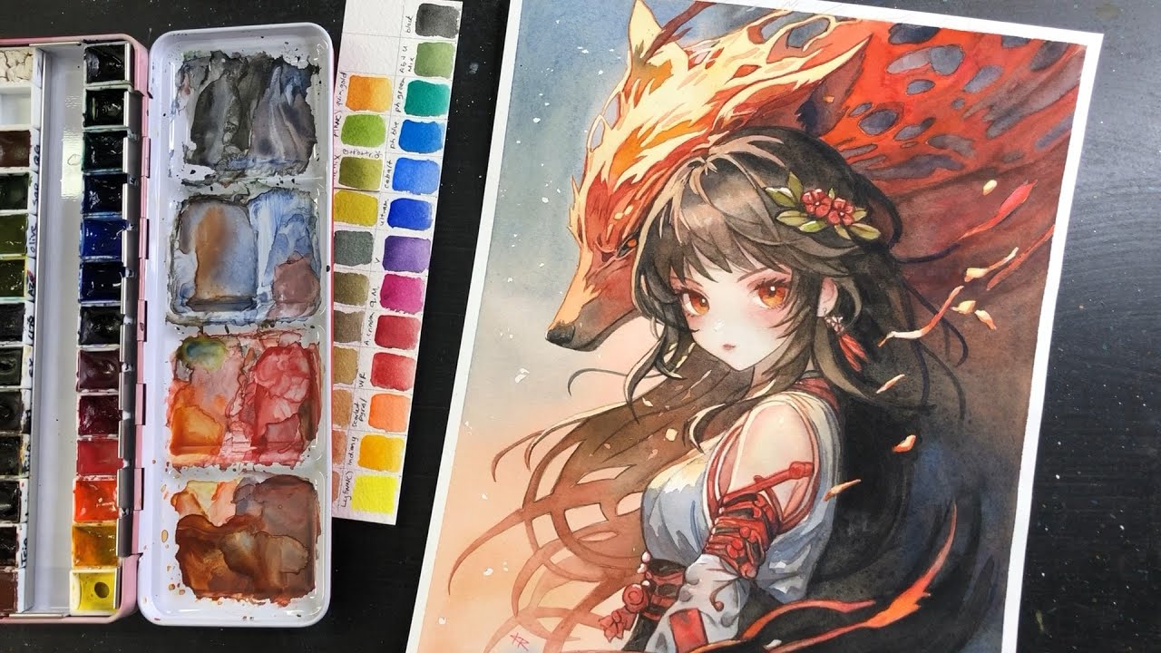 The Flame in Her Shadow // Full Watercolor Painting Process (print & color your own!) - 414