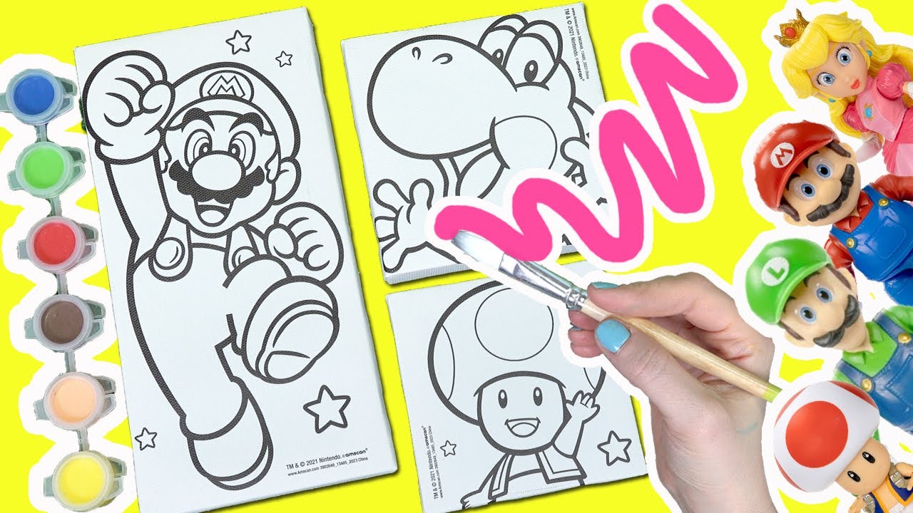 The Super Mario Bros Movie DIY Canvas Painting of Mario, Yoshi, and Toad! Crafts for Kids