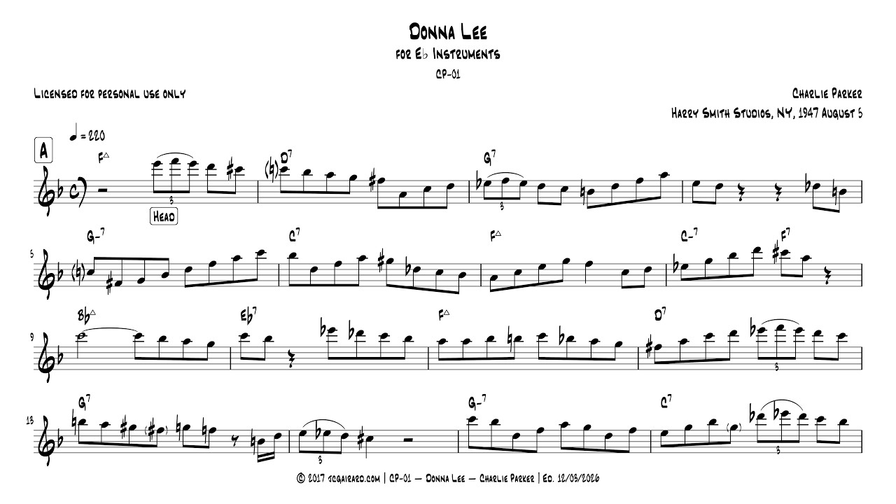 Charlie Parker - Donna Lee - Full transcription for Eb instruments